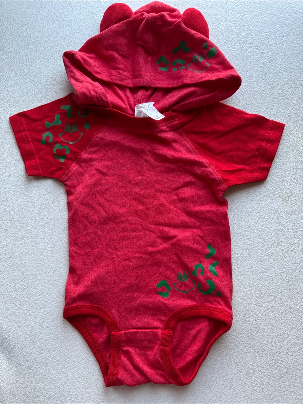 Rabbit Skins Red Hooded Baby One-Piece with Green Accents